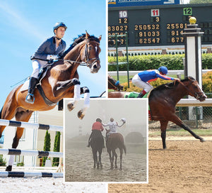 Victory Racing Plate, Horse jumping, horse crossing finish line, and riding horses in the rain