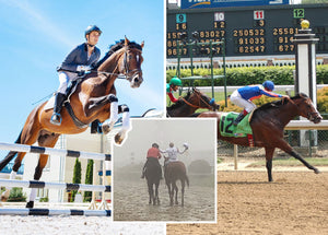 Victory Racing Plate, Horse jumping, horse crossing finish line, and riding horses in the rain